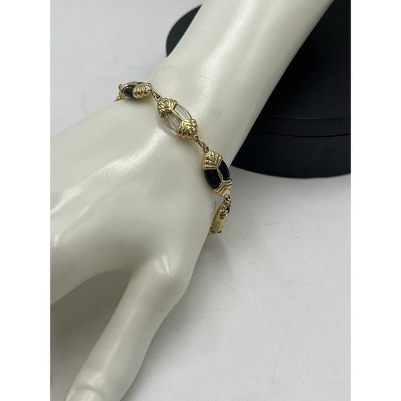 Swarovski Signed Vintage Swan Gold Tone Jet Black and Clear Lucite Bracelet - Picture 1 of 15